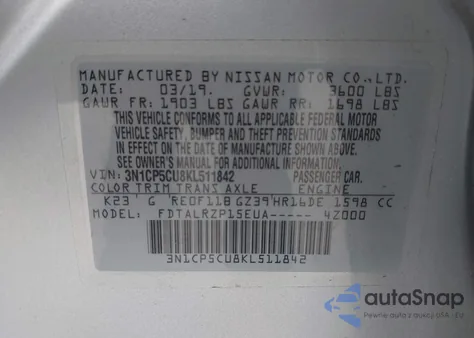 2019 Nissan Kicks S из США, поврежденный, VIN 3N1CP5CU8KL511842